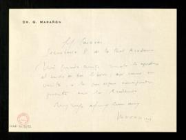 Carta de Gregorio Marañón a Julio Casares para agradecerle el envío de los libros y su visita