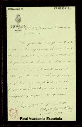 Carta de Antonio María Fabié a Manuel Tamayo y Baus en la que le comunica que el obispo ha dado s...