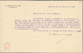 Carta de Joaquín Álvarez Quintero a Julio Casares en la que le agradece el ofrecimiento de colabo...