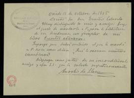 Carta de Aurelio de Llano a Emilio Cotarelo con la que le envía un ejemplar de sus Cuentos asturi...
