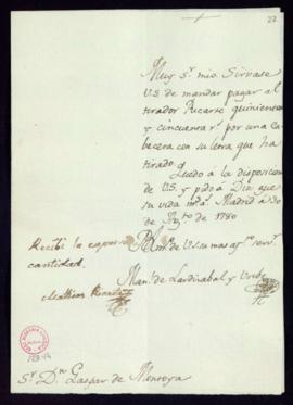 Orden de Manuel de Lardizábal del pago a Matías Ricarte de 550 reales de vellón por el tirado de ...