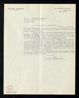 Carta de Víctor Maicas a Melchor Fernández Almagro en la que le dice que le ha enviado dos ejempl...