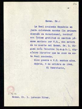 Copia sin firma del oficio del secretario a Lorenzo Riber de traslado del agradecimiento de la ju...