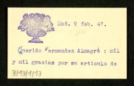 Tarjeta de visita de Azorín a Melchor Fernández Almagro en la que le agradece su artículo de hoy