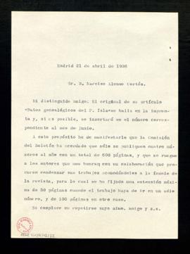 Copia sin firma de la carta de Julio Casares a Narciso Alonso Cortés en la que le confirma que el...
