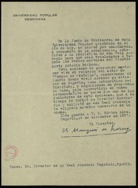 Carta del marqués de Lozoya, director de la junta de profesores de la Universidad Popular Segovia...