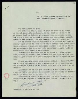 Carta de Antonio de Solano y Polanco a Julio Casares en la que acusa recibo del pésame de la Acad...