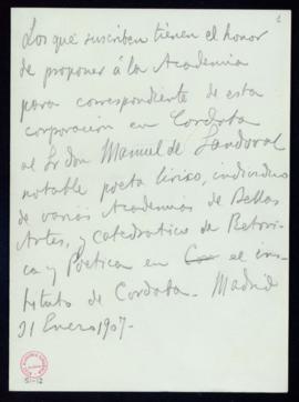 Minuta de la propuesta de Manuel de Sandoval como académico correspondiente en Córdoba