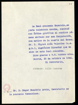 Copia sin firma del oficio del secretario a Edgar Sanabria Arcia, secretario de la Academia Venez...