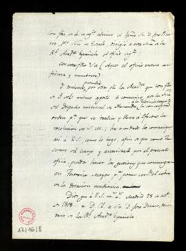 Copia de la certificación de José Duaso, tesorero, del tenor del oficio de José Pizarro, primer s...