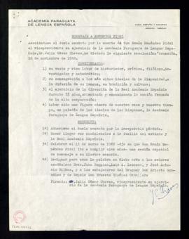 Copia de la resolución dictada por el vicepresidente de la Academia Paraguaya de la Lengua el 16 ...