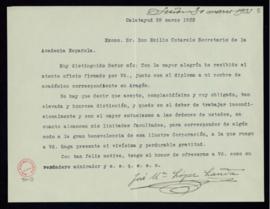 Carta de José M.ª López Landa a Emilio Cotarelo en la que acusa recibo de su nombramiento de acad...