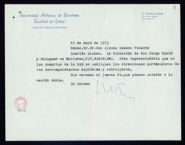 Carta de Martín de Riquer a Alonso Zamora Vicente en la que le proporciona las señas de Jorge Rub...