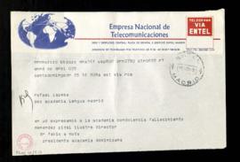 Telegrama de Fabio A. Mota, presidente de la Academia Dominicana, a Rafael Lapesa en el que, a tr...