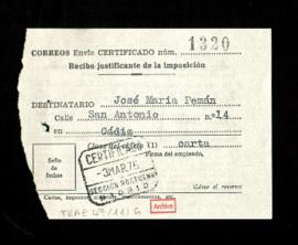 Recibo de carta certificada a José María Pemán