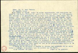 Copia mecanografiada de la carta con la respuesta de Pedro Antonio de Alarcón a Juan Valera en la...