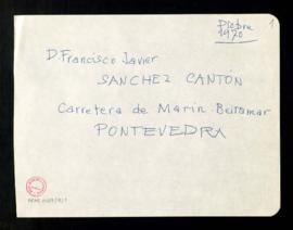 Nota con la dirección postal de Francisco Javier Sánchez Cantón en Pontevedra