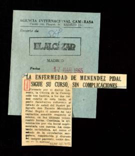 Recorte del diario El Alcázar con la noticia La enfermedad de Menéndez Pidal sigue su curso, sin ...
