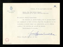 Carta de Juan Ignacio Luca de Tena, marqués de Luca de Tena, a Rafael Lapesa, secretario, en la q...