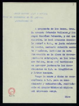 Copia del oficio del secretario a César Barja de traslado de su elección como académico correspon...