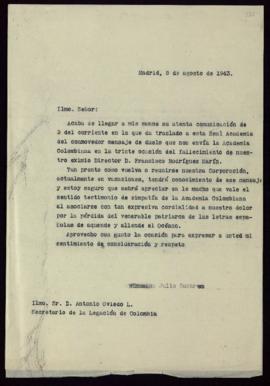 Copia sin firma de la carta de Julio Casares a Antonio Oviedo L., secretario de la Legación de Co...