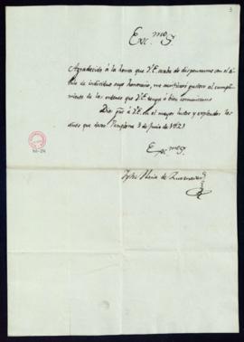 Carta de José María de Zuaznávar [al director, José Miguel de Carvajal] en la que agradece su adm...