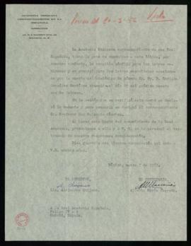 Oficio de A.[Alejandro] Quijano y Alberto María Carreño, director y secretario de la Academia Mex...