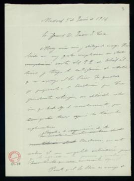 Minuta de la carta de Emilio Cotarelo a Juan Cañas en la que le indica que ha quedado presentada ...