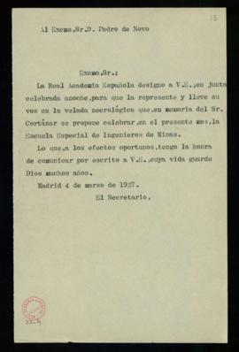 Copia sin firma del oficio del secretario [Emilio Cotarelo] a Pedro de Novo [y Colson] de comunic...