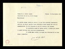 Carta de José M.ª de Cossío a Rafael Lapesa, secretario, de acuse de recibo de su carta, aunque e...