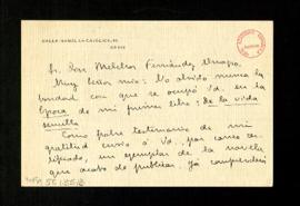 Carta de José María Pemán a Melchor Fernández Almagro con la que le envía un ejemplar de la novel...