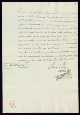 Recibo de Antonio Pérez del Soto de 226 reales de vellón por la impresión de seiscientos cincuent...