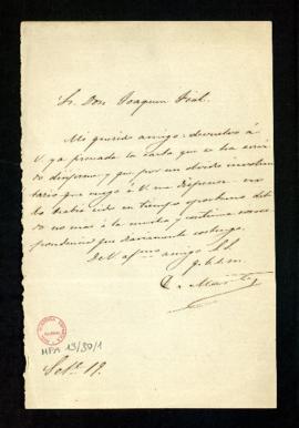 Carta de Cristino Martos a Joaquín Fiol con la que le devuelve firmada la carta que se ha servido...