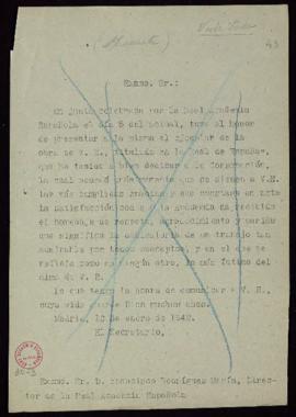 Copia sin firma del oficio del secretario, Julio Casares, a Francisco Rodríguez Marín de traslado...