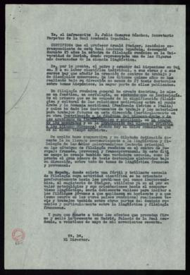 Copia de la certificación del secretario, Julio Casares, sobre el papel de Arnald Steiger como pa...