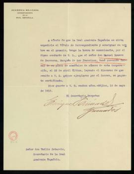 Oficio de Enrique Fernández Granados, secretario de la Academia Mexicana, a Emilio Cotarelo, secr...