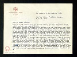 Carta de José María Hernández-Rubio a Melchor Fernández Almagro en la que le recomienda a su prof...