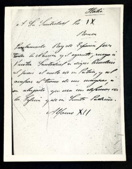 Reproducción fotográfica de un telegrama de Alfonso XII a Pío IX al ser proclamado rey de España