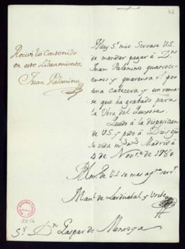 Orden de Manuel de Lardizábal del pago a Juan Palomino de 440 reales de vellón por una cabecera y...