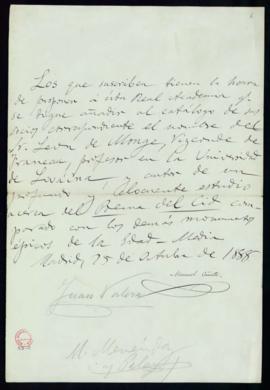 Propuesta firmada por Manuel Cañete, Juan Valera y M[arcelino] Menéndez y Pelayo de León Monge de...