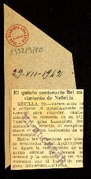 Recorte del diario El Alcázar con el título El quinto centenario del nacimiento de Nebrija