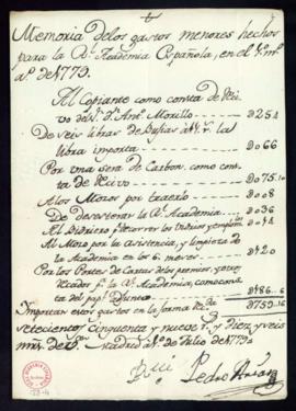Memoria de gastos de la Academia en el primer medio año de 1779