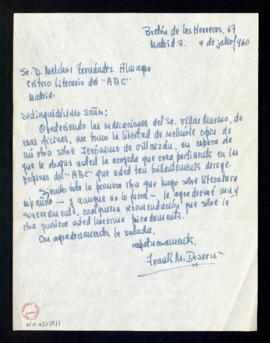 Carta de Frank M. (ileg.) a Melchor Fernández Almagro con la que le remite su obra sobre Jerónimo...
