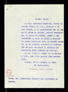Copia sin firma del oficio del secretario, Julio Casares, al secretario general del Instituto de ...