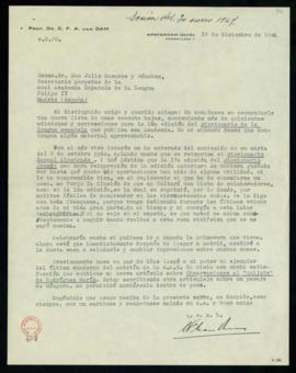 Carta de C. F. Adolf van Dam a Julio Casares con la que le remite una nueva lista con las notas p...