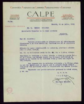 Carta del director técnico de Calpe a Emilio Cotarelo en la que le informa de que ha pedido presu...