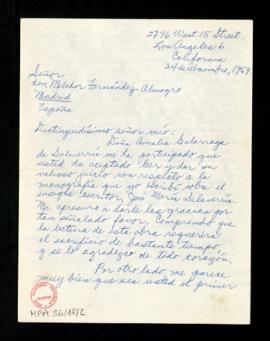 Carta de Beatrice R. Petriz a Melchor Fernández Almagro en la que le agradece que haya aceptado l...