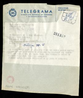 Telegrama de Rafael Escuredo, presidente de la Junta de Andalucía, a Dámaso Alonso, en el que env...