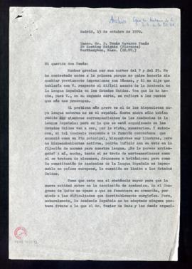 Copia sin firma de la carta de Rafael Lapesa a Tomás Navarro Tomás en la que le refiere el proble...