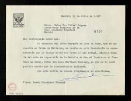 Carta de Ramón Fernández Escacha a Rafael Lapesa, secretario, para informarle que el marqués de L...